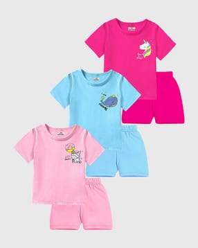 Girls Pack of 3 Cartoon Print Shorts with Top Set