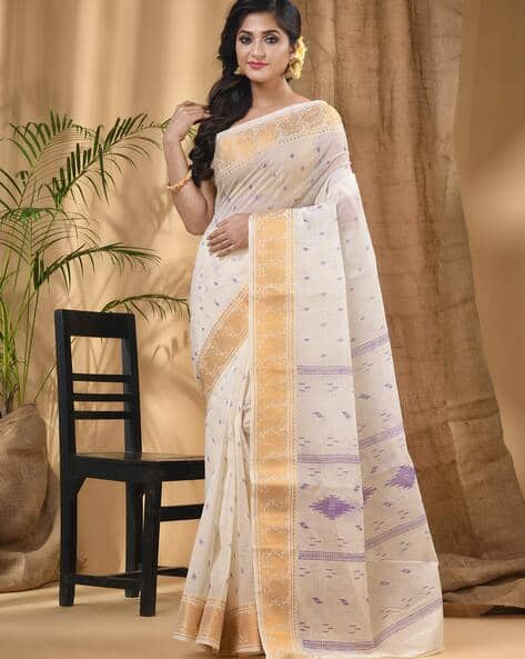 Indie Picks Women Bengal Tant Zari Kerala Printed Pure Handloom Cotton Saree without Blouse Piece