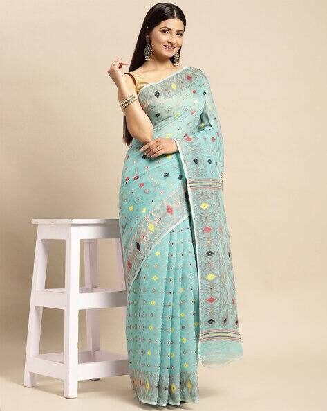 Indie Picks Zari Karat Resham Dhakai Jamdani Bengal Pure Cotton Handloom Saree