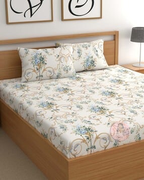 210 TC Floral Print Double Bed Sheet with Pillow Covers-image-2