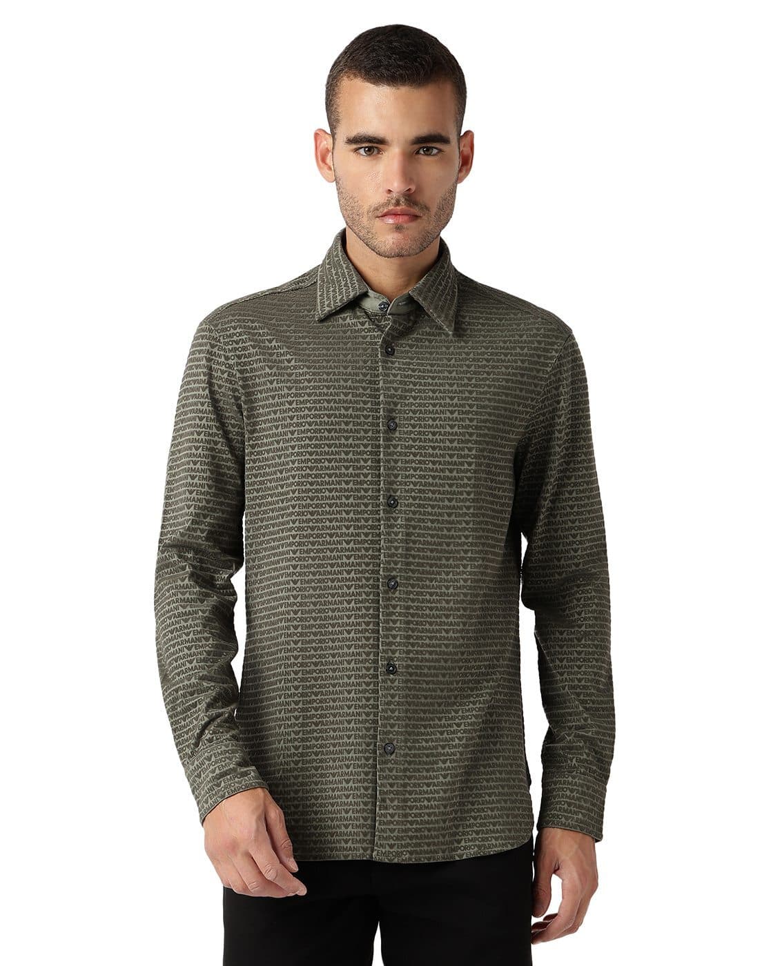 Buy EMPORIO ARMANI All-Over Eagle Logo Print Cotton Shirt Green