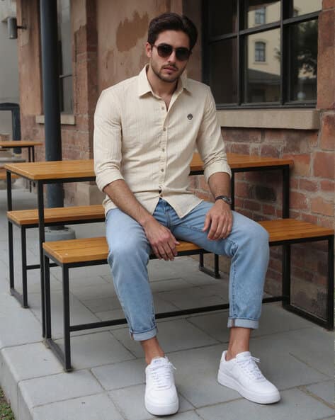 white dress shirt blue jeans 5 pocket slim Jeans