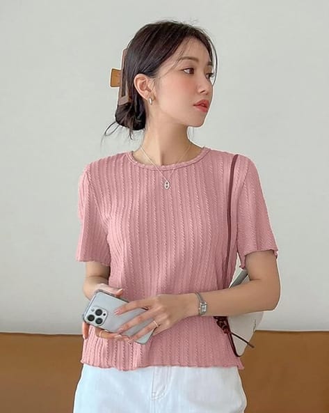KASHIANXSTYLE Women Self-design Relaxed Fit Crew-Neck Top