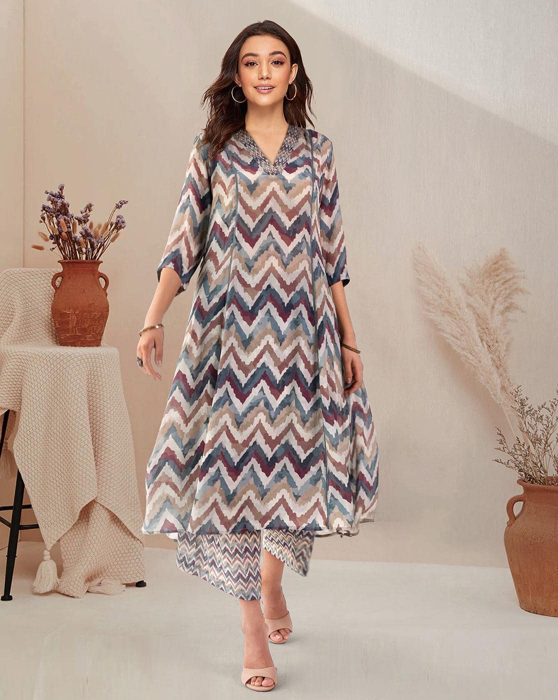 KERI PERRY Women Chevron Print Kurta & Palazzos Co-Ord Set For Women (Multi, L)