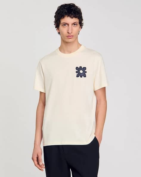 SANDRO サンドロ フローラルトップス Buy Sandro Crew-Neck T-Shirt with Flower Detail | Beige Color Men