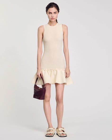 Buy Sandro Short Knit Sheath Dress with Ruffle | Beige Color Women | AJIO  LUXE