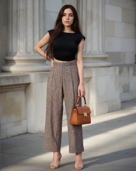 Brown Crop Top With Black Jeans Women's Brown Crop Top Long Sleeve
