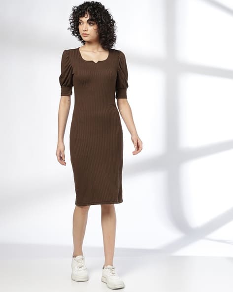 Women Ribbed Bodycon Dress with Puff Sleeves