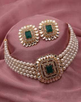 brado jewellery Women Stone-Studded Pearl-Beaded Necklace & Earrings Set-picture-13