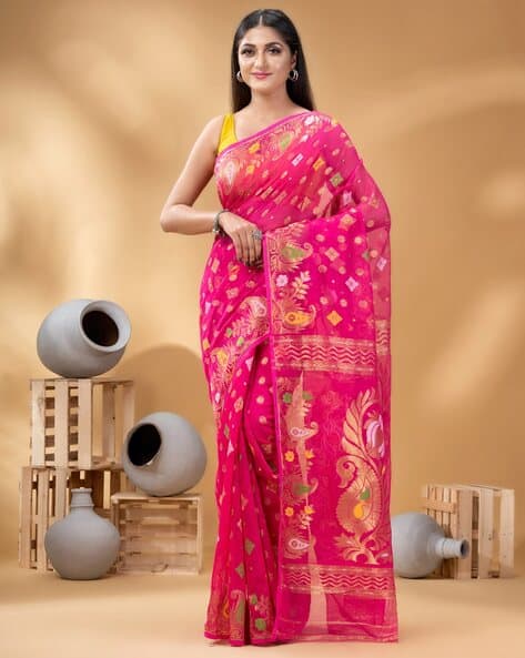 Indie Picks Mayur Pekham Zari Resham Dhakai Handloom Saree