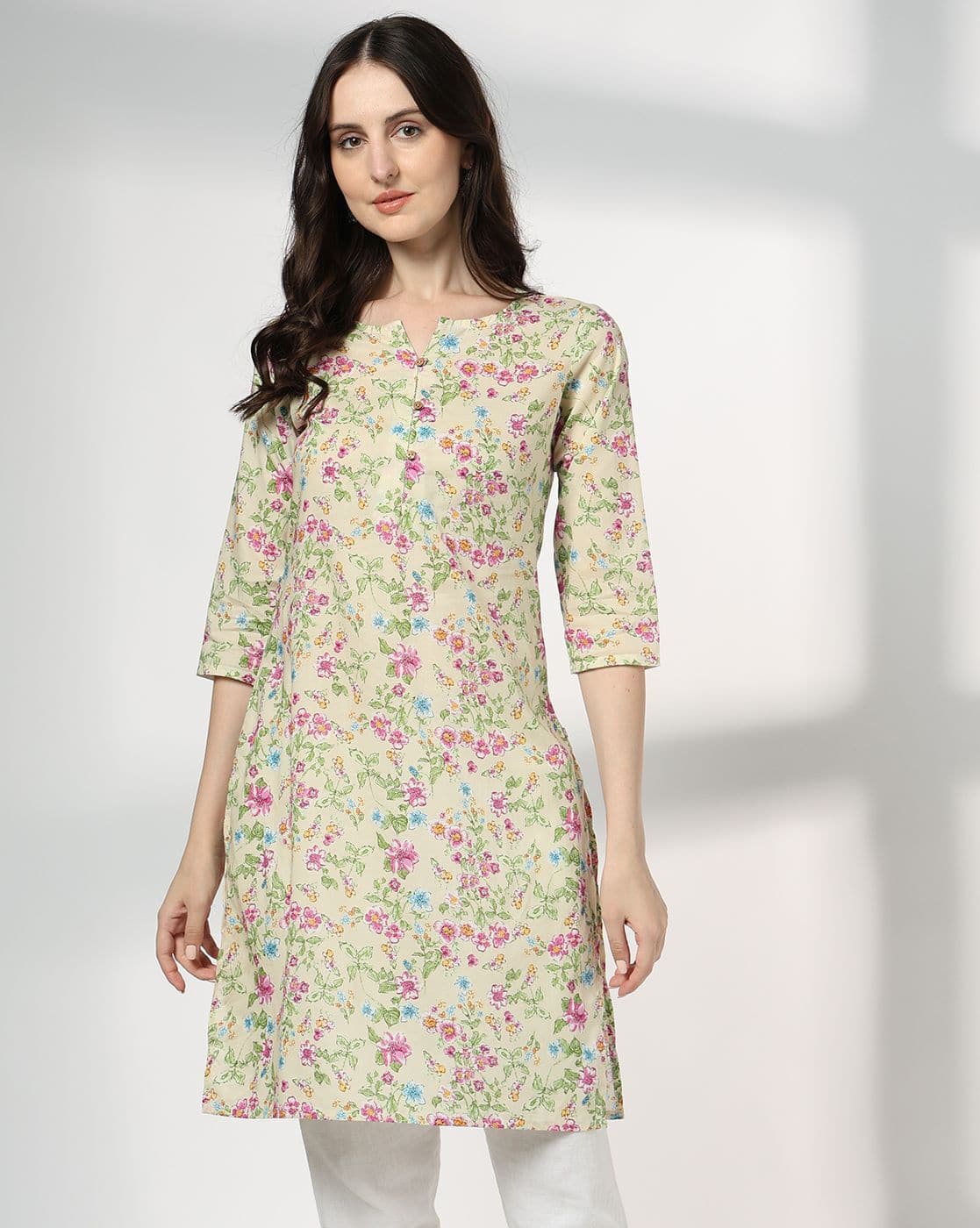 AVAASA MIX N' MATCH Women Floral Print Straight Kurta For Women (Off-White, XS)