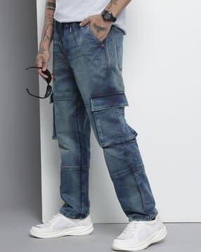 the indian garage co Men Lightly Washed Relaxed Cargo Jeans-picture-16