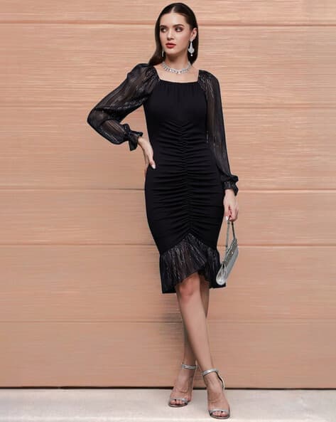 Bodycon Dress Black Ruched Cocktail Dress Shape Black Mesh Corset