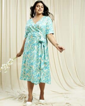 globus Gloplus Women Wrap V-Neck Chevron Print Plus Size A-Line Dress-picture-25