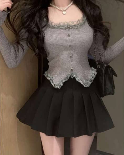 DIVAWALK Women Ribbed Regular Fit Round Neck Lace Korean Top