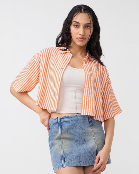 Textured Stripes Tangerine|The Souled Store  -   Women Cotton Loose Fit Stripes Shirt