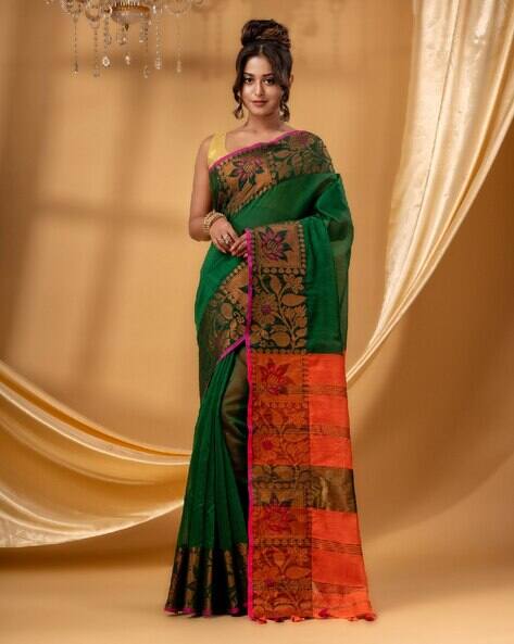 Indie Picks Pushpomala Silk Handloom Cotton Saree with Blouse Piece