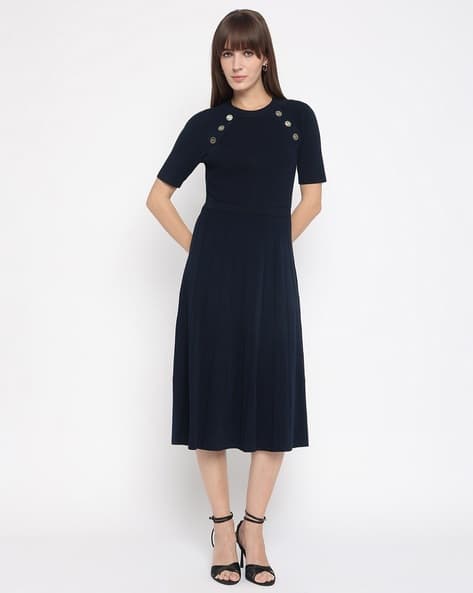 Buy Michael Kors Ribbed Stretch Knit Button Midi Dress | Black Color Women  | AJIO LUXE