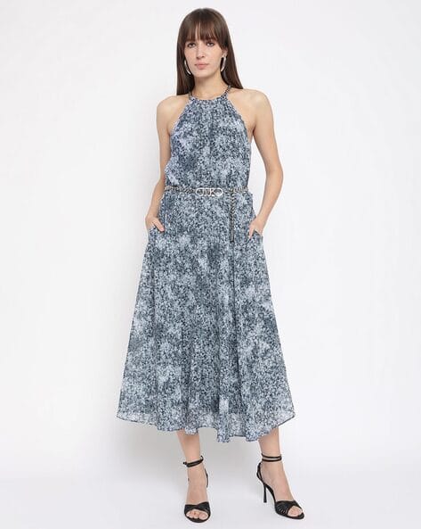 Buy Michael Kors Regular Fit Halter Fit & Flare Dress with Chain Belt |  Blue Color Women | AJIO LUXE