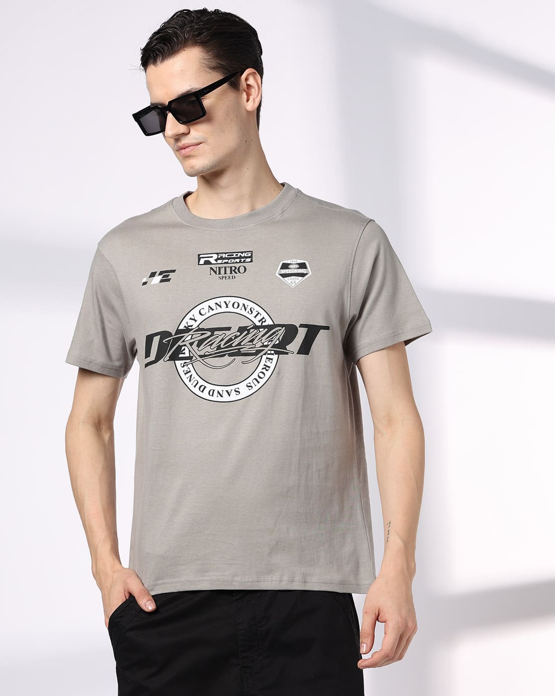 DNMX Men Typographic Print Regular Fit Crew-Neck T-Shirt For Men (Grey, L)