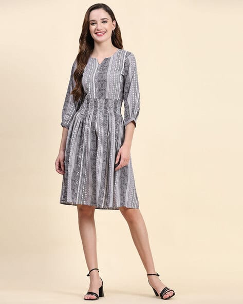 LEIA Women Tribal Print Fit & Flare Dress with Smocked Waist
