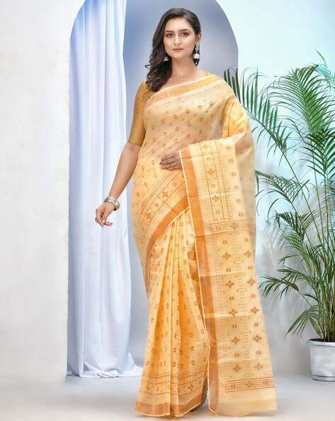 Indie Picks Kerala Print Design Pure Handloom Cotton Saree without Blouse Piece