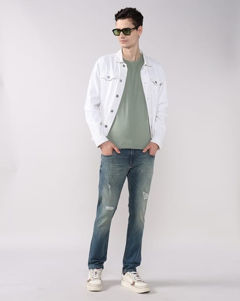 Men Lightly Washed Distressed Slim Fit Jeans