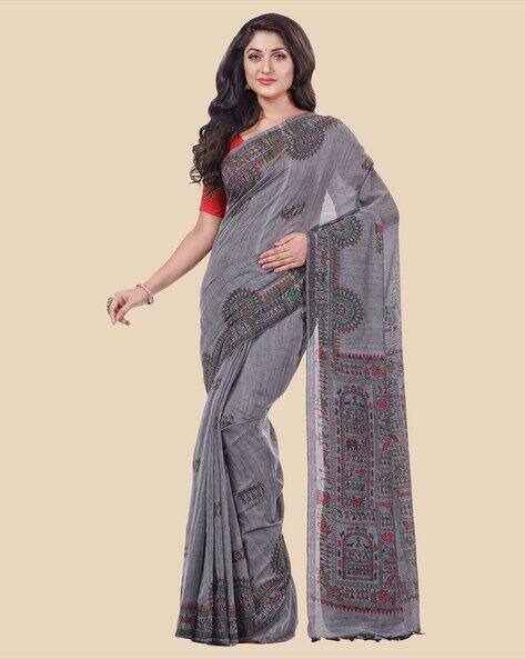 Indie Picks Tribal Art Warli Printed Designer Handloom Saree with Blouse Piece