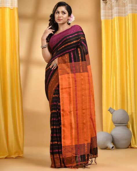 Indie Picks Bengali Bengamuri Pure Handloom Cotton Saree with Blouse Piece