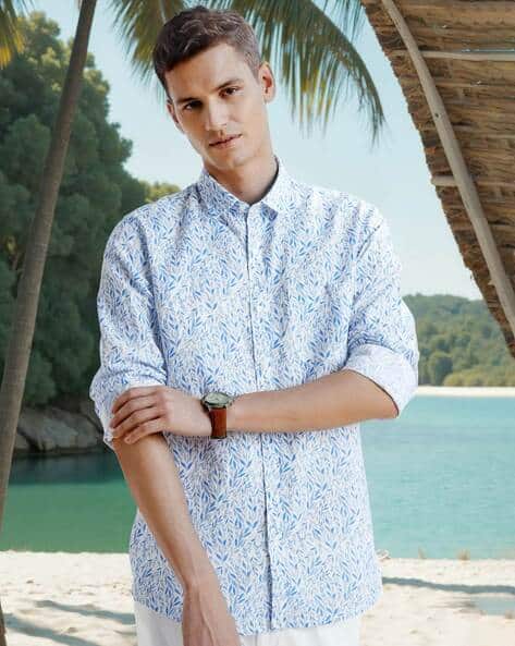 PETER ENGLAND Men Leaf Print Slim Fit Shirt with Patch Pocket