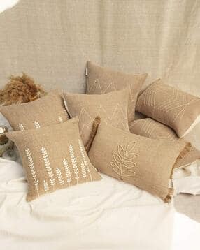  7 Pcs Multi Design Cushion Covers Set - Self Designed Fabric with Tassels