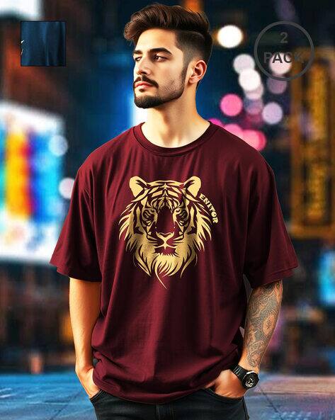 AUSK Pack of 2 Men Graphic Print Loose Fit T-Shirt