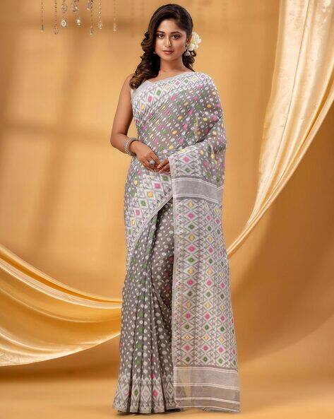 Indie Picks Women Hirokduti Resham Dhakai Jamdani Bengal Saree without Blouse Piece