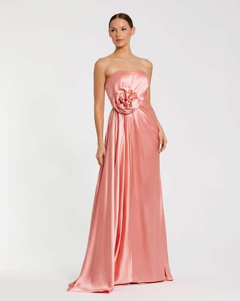 strapless open back dress Mermaid Satin Sequined Corset Coral Long Prom Dress with Slit