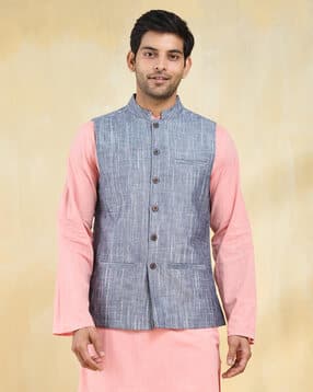 fabindia Men Regular Fit Nehru Jacket with Welt Pockets-picture-38
