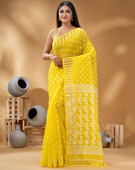 Indie Picks Women Queen of Diamond Resham Dhakai Jamdani Bengal Pure Cotton Handloom Saree