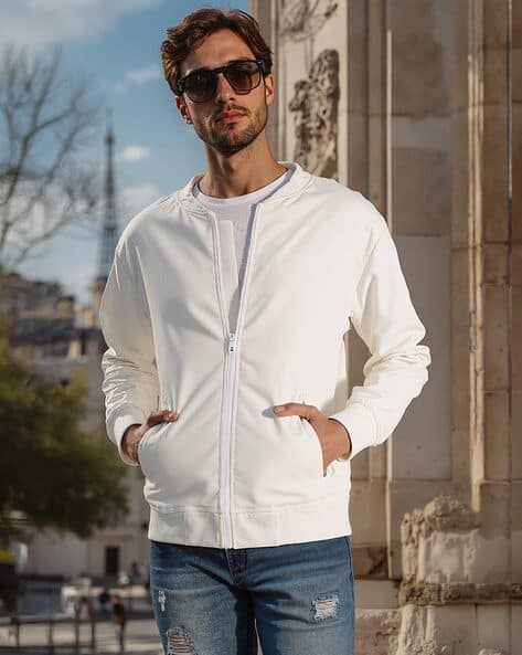Style Mens White Jackets Men Regular Fit Zip-Front Bomber Jacket