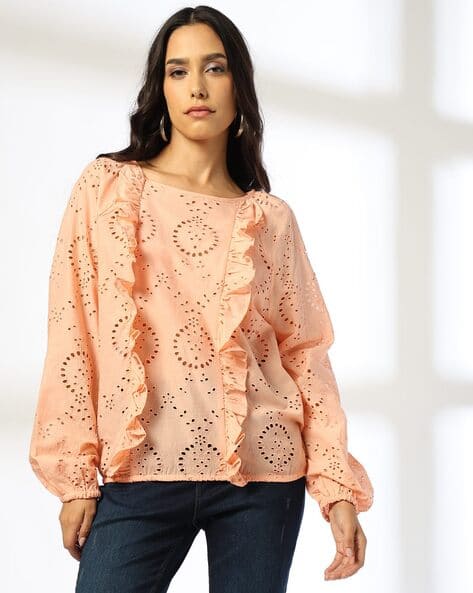 DNMX Women Schiffli Embroidered Relaxed Fit Round-Neck Top