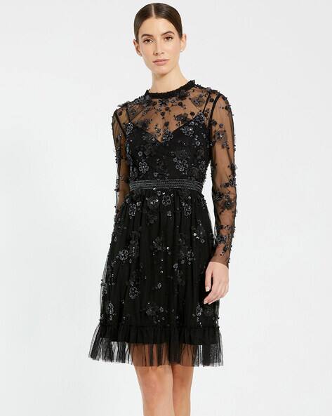 pin up dresses Black Embellished Floral Cap Sleeve A Line Gown