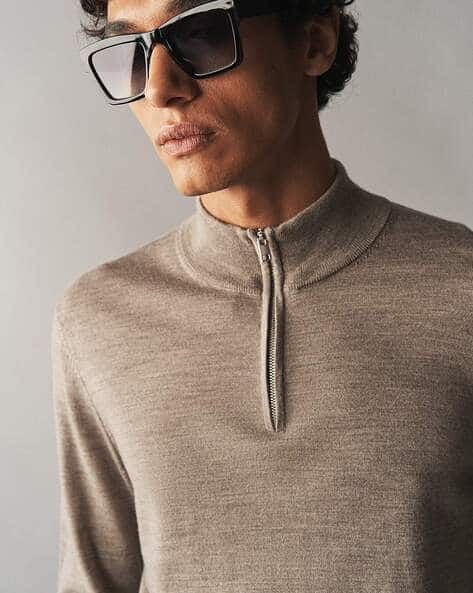 Men Slim Fit Zip-Top Merino Wool Jumper