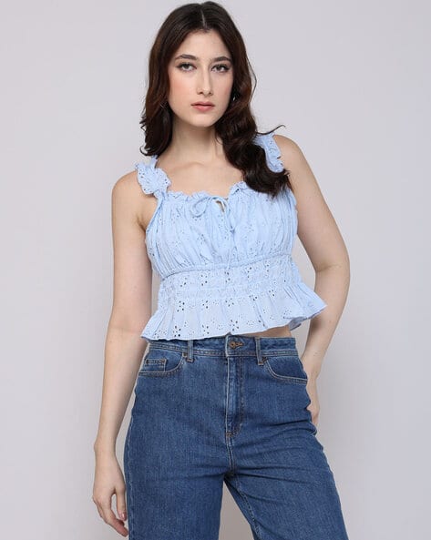 Lee Cooper Schiffli top with smocking, blue, s