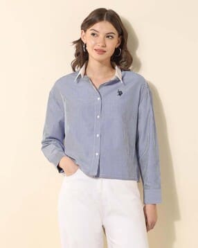 Women Striped Shirt with Spread Collar
