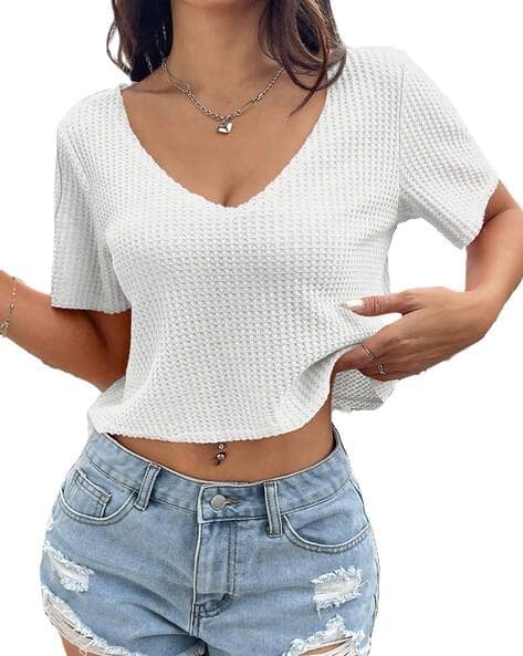 Zilcon Women Waffle Regular Fit V-Neck T-Shirt