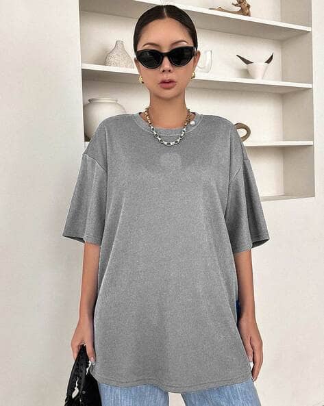 Zilcon Women Ribbed Loose Fit Crew-Neck T-Shirt