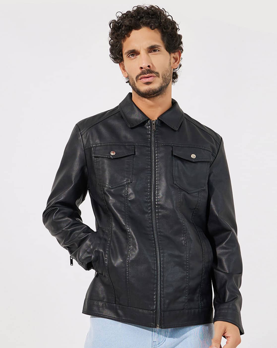 Buy Styli Men Collared Faux Leather Jac Online | Ajio.com