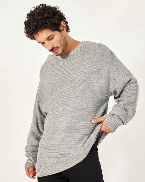 Men Waffle Knit Textured Relaxed Fit Crew Neck Sweater
