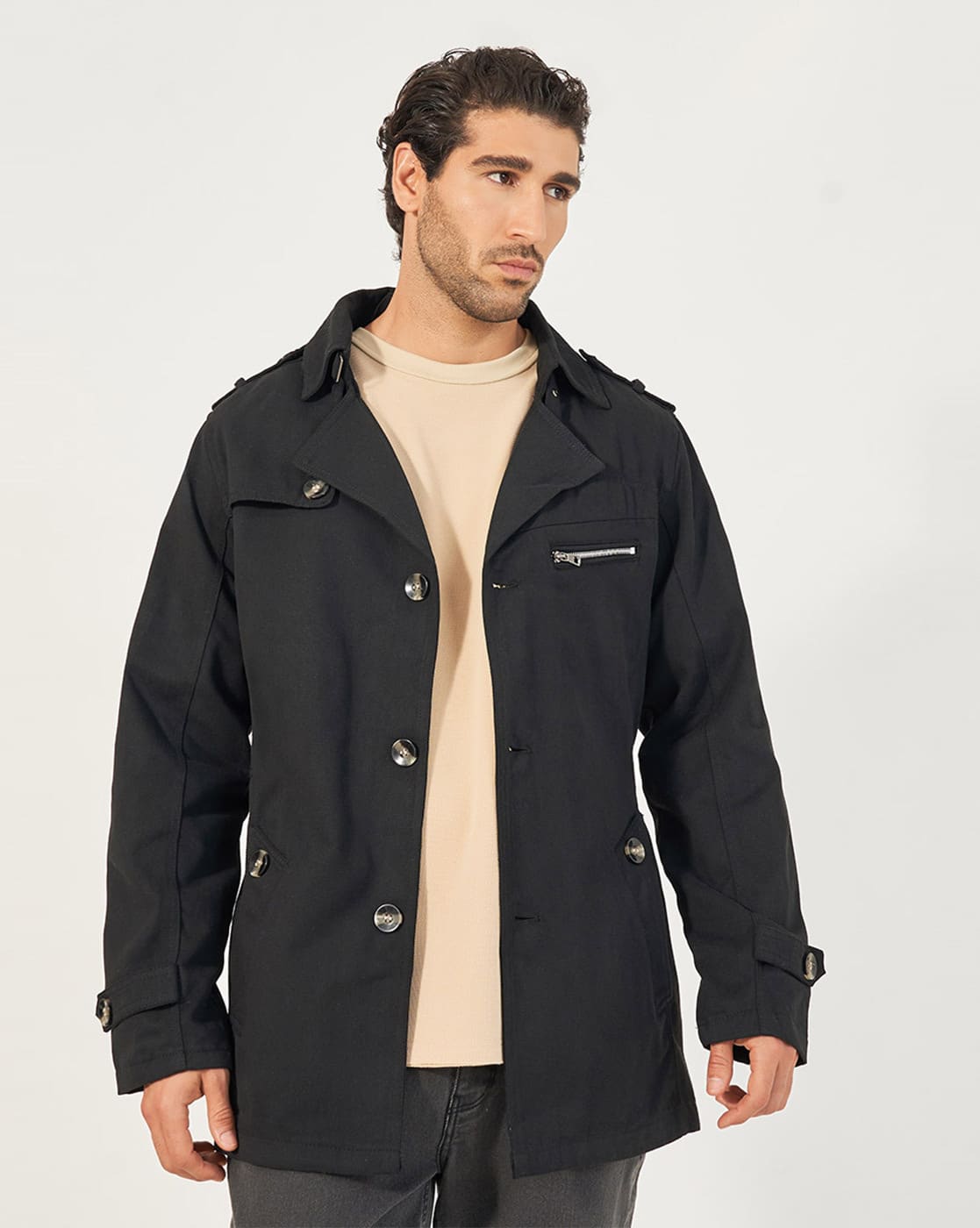 Men Belted Trench coat with Chunky Button Detail - Main Image