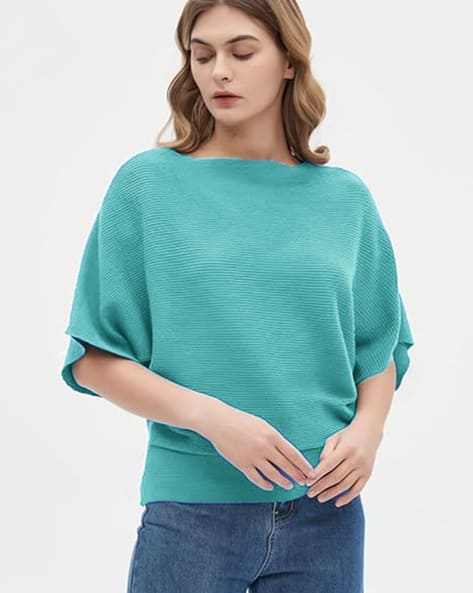 Zilcon Women Ribbed Loose Fit Boat-Neck T-Shirt