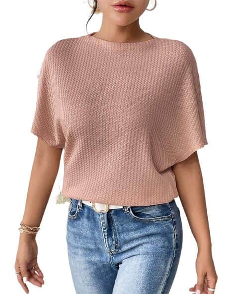 Zilcon Women Waffle-Knit Regular Fit Round-Neck Top