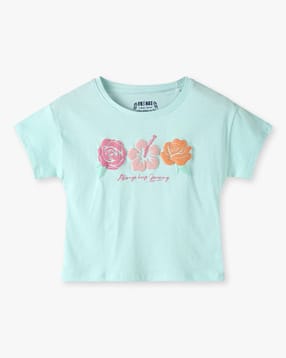 Girls Floral Print Loose Fit Round-Neck T-Shirt